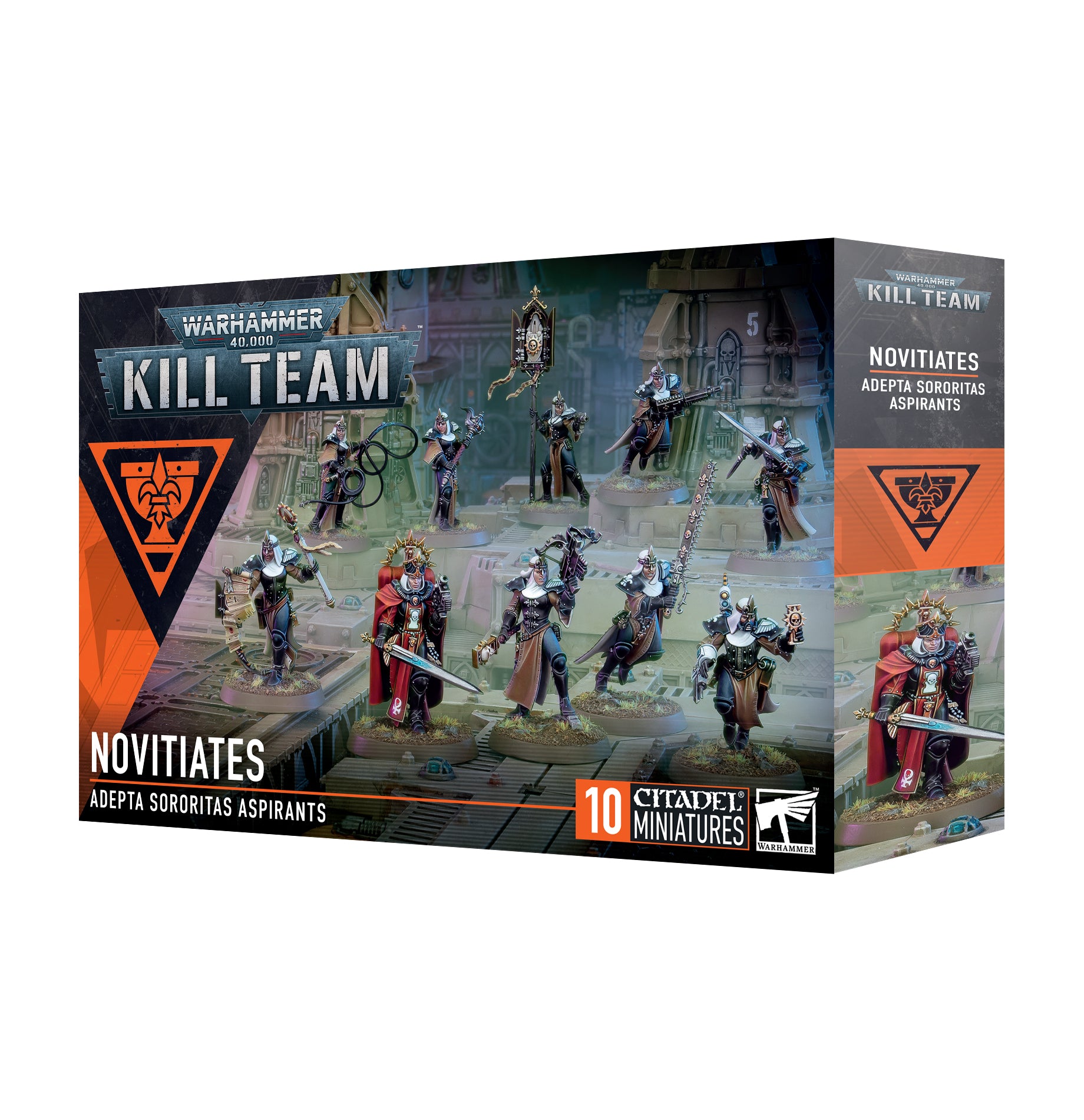 Warhammer 40k Kill Team Novitiates box set featuring 10 Sisters Novitiate with customizable operatives, including Novitiate Superior. Perfect for Kill Team missions or Adepta Sororitas armies in Warhammer 40k. Includes detailed miniatures, Citadel bases, and a transfer sheet to enhance your tabletop battles.