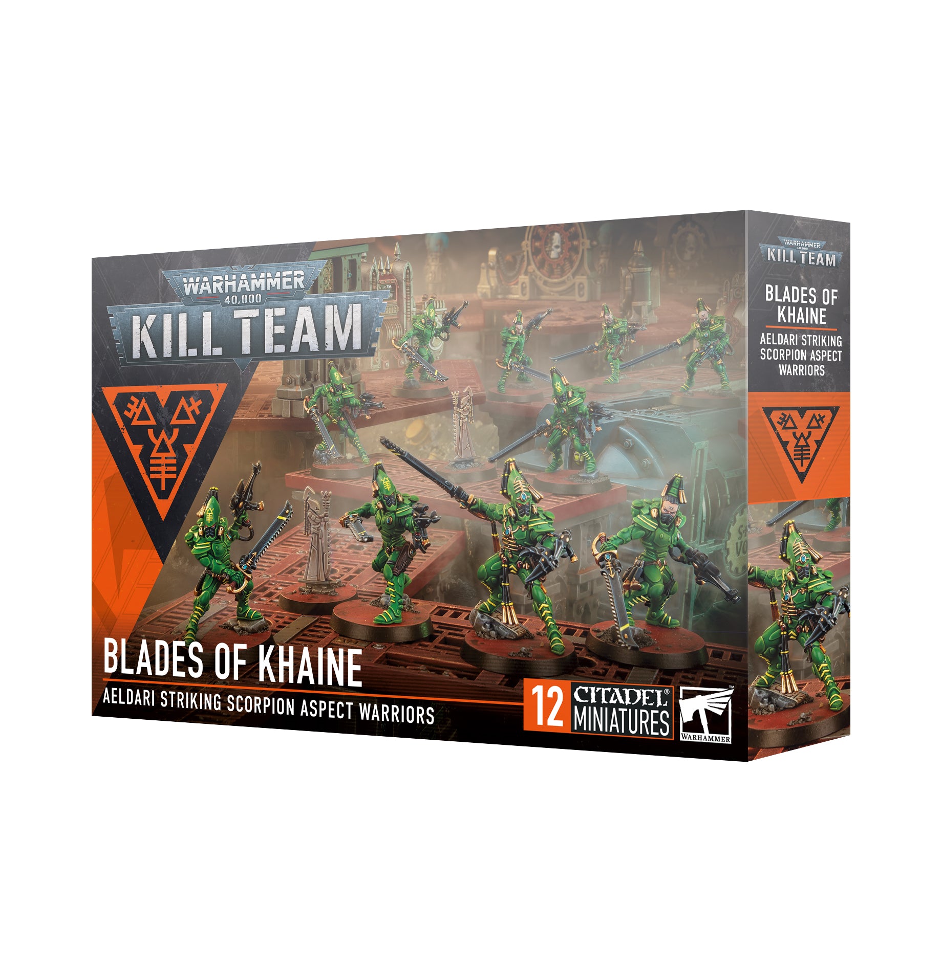 Warhammer 40k Kill Team Aeldari Striking Scorpions – 10 Aspect Warriors armed with chainswords, shuriken pistols, and Exarch melee weapon options. Ideal for Warhammer 40,000 and Kill Team.