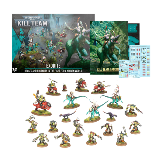 Warhammer 40k Kill Team Exodite box with Exodite Aeldari, Beast Snagga Orks, dossier, datacards and accessories