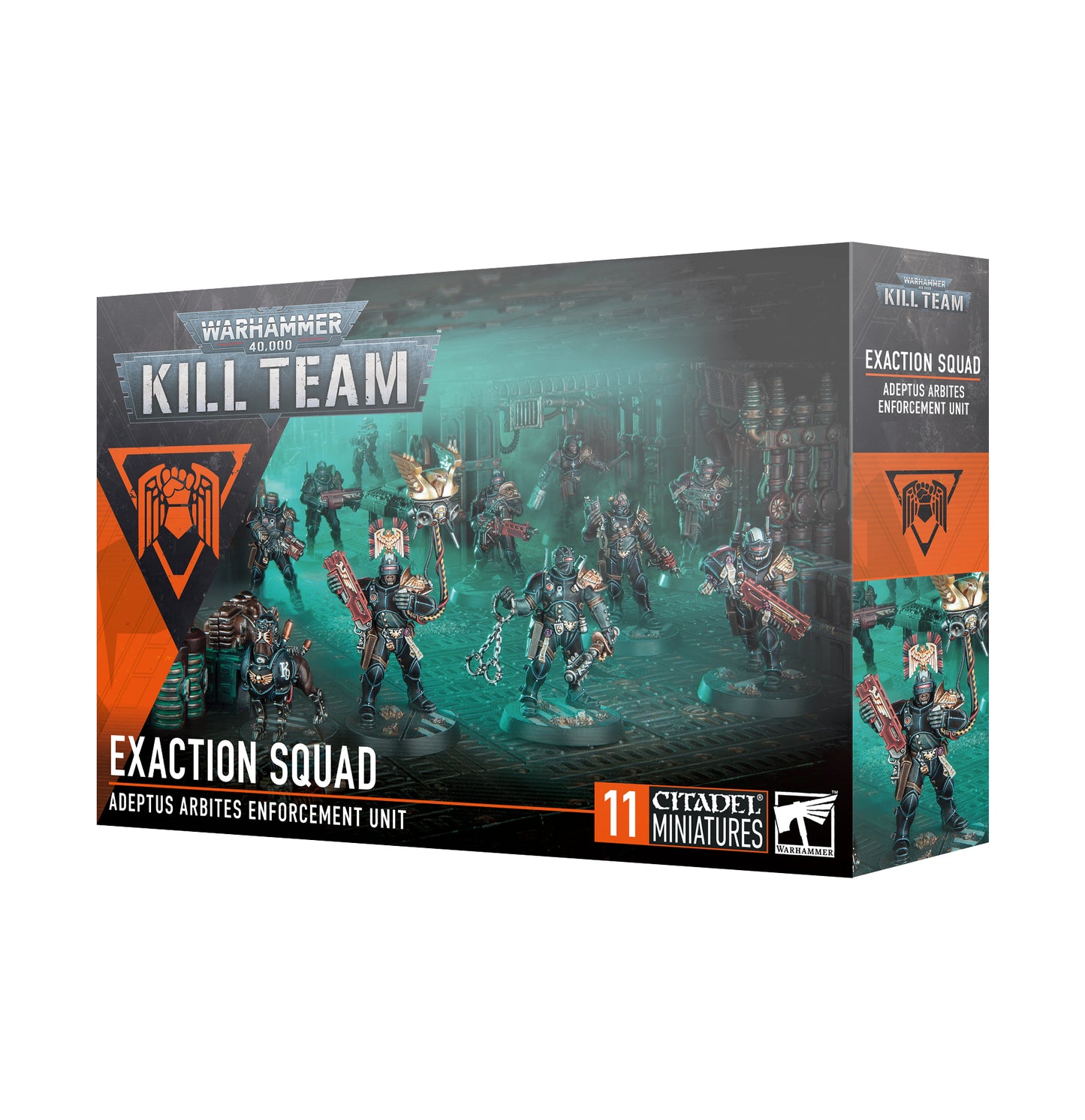 Warhammer 40k Kill Team Imperial Agents Exaction Squad - Adeptus Arbites enforcers with R-VR Cyber-mastiff, customizable miniatures for tactical gameplay.