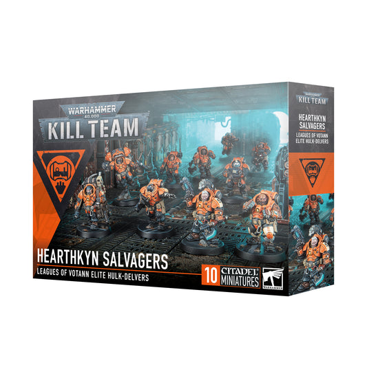 Warhammer 40k Kill Team Leagues of Votann Hearthkyn Salvagers box set featuring 10 customizable models, including specialists like Lokâtr, Dôzr, and Jump Pack Warrior. Ideal for Warhammer 40k Kill Team and Leagues of Votann army collections, with unique token sheet and 555 decals for detailed customization.