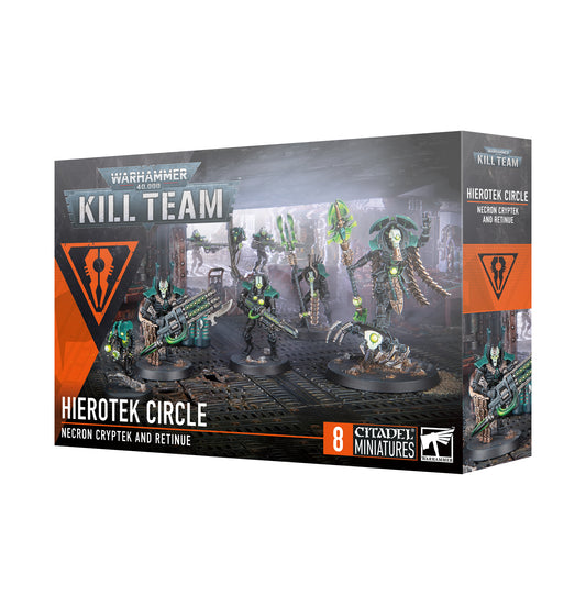 Warhammer 40k Kill Team Necron Hierotek Circle featuring Cryptek Technomancer, Immortals, Deathmarks, and Plasmacyte Accelerator for strategic gameplay in the Warhammer 40k universe.