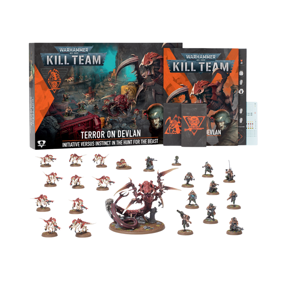 Warhammer 40k Kill Team Terror on Devlan box with Spectre Squad Red Terror and Tyranid miniatures