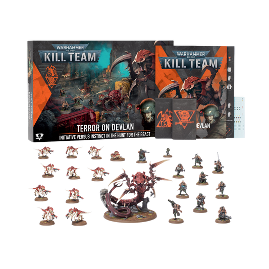 Warhammer 40k Kill Team Terror on Devlan box with Spectre Squad Red Terror and Tyranid miniatures