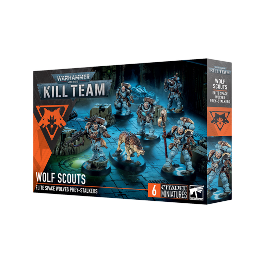 Warhammer 40k Kill Team Wolf Scouts Space Wolves miniatures box art with Fenrisian Wolf