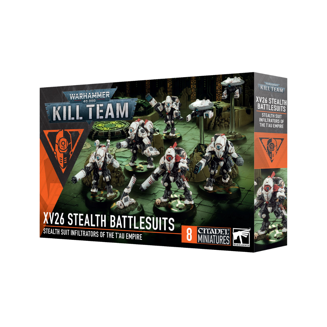 Box art of Warhammer 40k Kill Team XV26 Stealth Battlesuits set with five suits and drones in urban terrain display