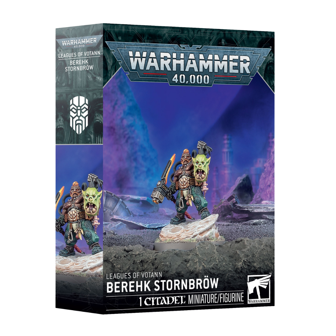 Warhammer 40k Leagues of Votann Berehk Stornbrow Citadel miniature box with Kin champion holding Kromlok's Revenge pick hammer