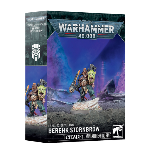 Warhammer 40k Leagues of Votann Berehk Stornbrow Citadel miniature box with Kin champion holding Kromlok's Revenge pick hammer
