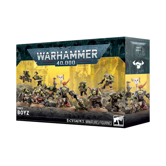 Warhammer 40k Orks Boyz 11-model Citadel miniature kit with ranged and melee weapon options.