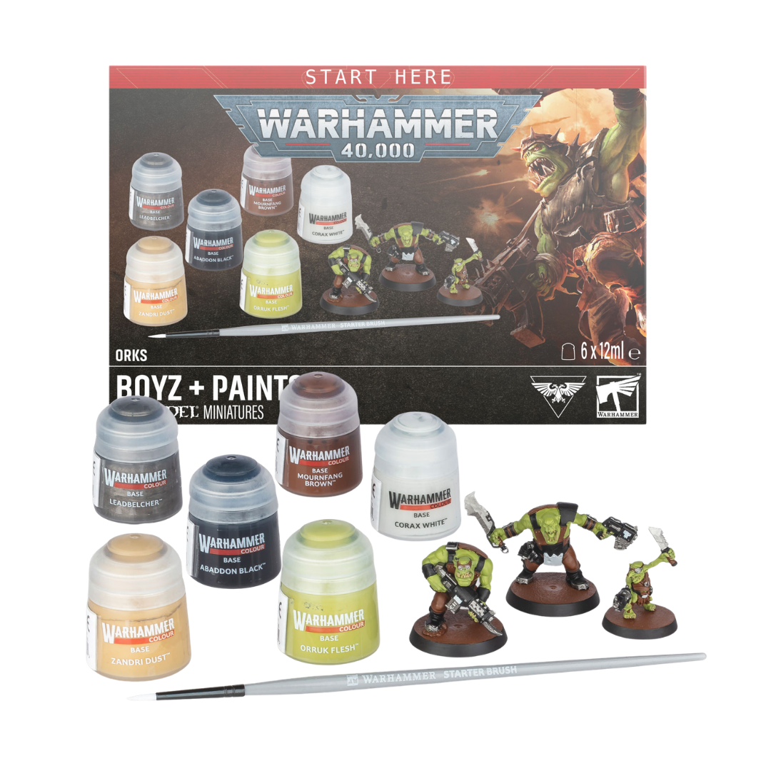 Warhammer 40,000 Orks Boyz + Paints 2026 starter set with two Boyz, one Gretchin, six Citadel paints and brush