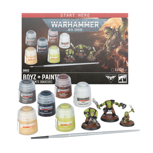 Warhammer 40,000 Orks Boyz + Paints 2026 starter set with two Boyz, one Gretchin, six Citadel paints and brush