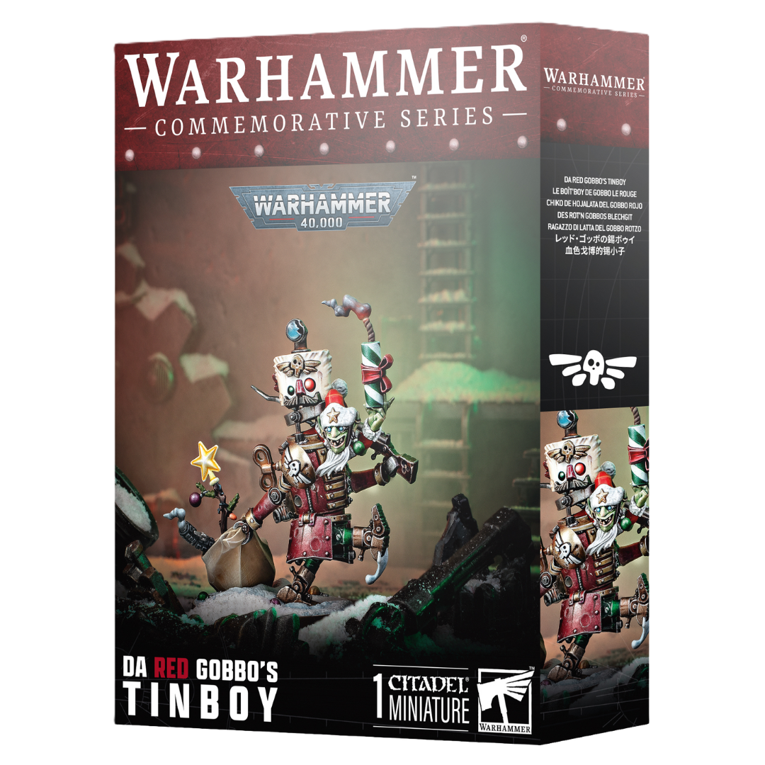 Warhammer 40k Commemorative Series Da Red Gobbos Tinboy box with festive Ork grot in mechanical suit
