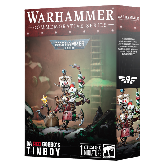 Warhammer 40k Commemorative Series Da Red Gobbos Tinboy box with festive Ork grot in mechanical suit