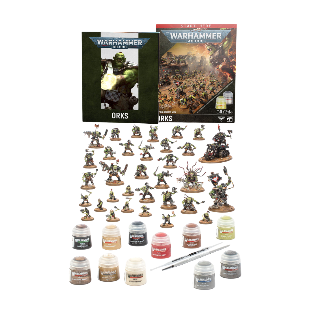Warhammer 40K Getting Started with Orks set including Combat Patrol miniatures, Citadel paints, brush, and hobby guide