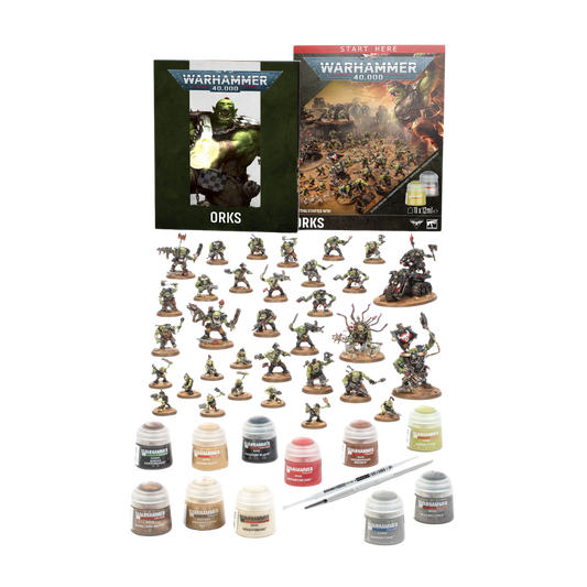 Warhammer 40K Getting Started with Orks set including Combat Patrol miniatures, Citadel paints, brush, and hobby guide