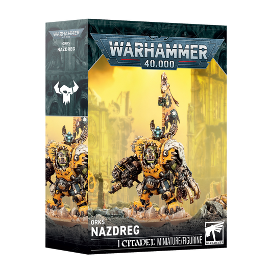 Warhammer 40k Orks Nazdreg Bad Moons Warboss Citadel miniature with mega armor and Kustom Blasta X.