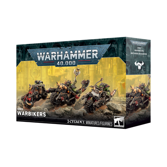 Warhammer 40k Orks Warbikers three-model Citadel miniature kit with dakkaguns and kombi-rokkit option.