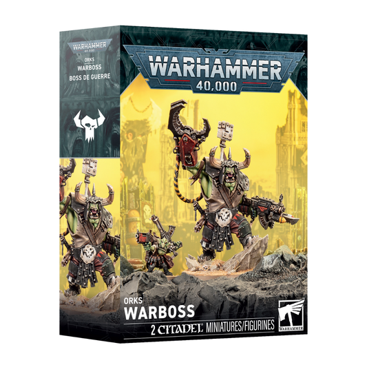 Warhammer 40k Orks Warboss Citadel miniature kit with attack squig and multiple weapon options.