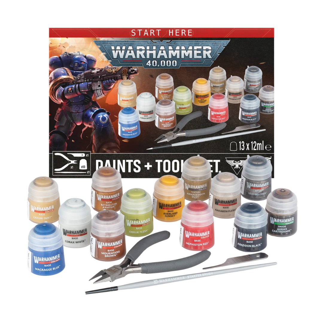 Warhammer 40K Paints + Tools 2026 set with 13 Citadel paints, hobby clippers, mould line remover, and brush