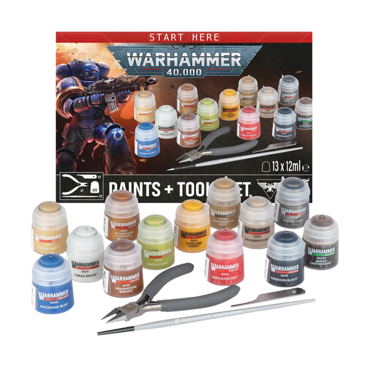 Warhammer 40K Paints + Tools 2026 set with 13 Citadel paints, hobby clippers, mould line remover, and brush