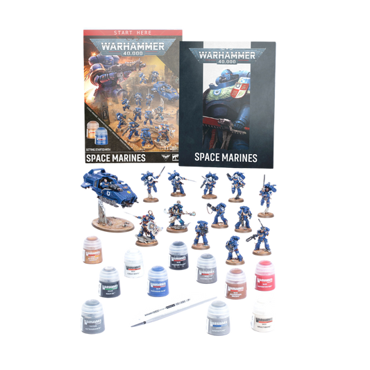 Warhammer 40K Getting Started with Space Marines set including Combat Patrol miniatures, Citadel paints, brush, and hobby guide
