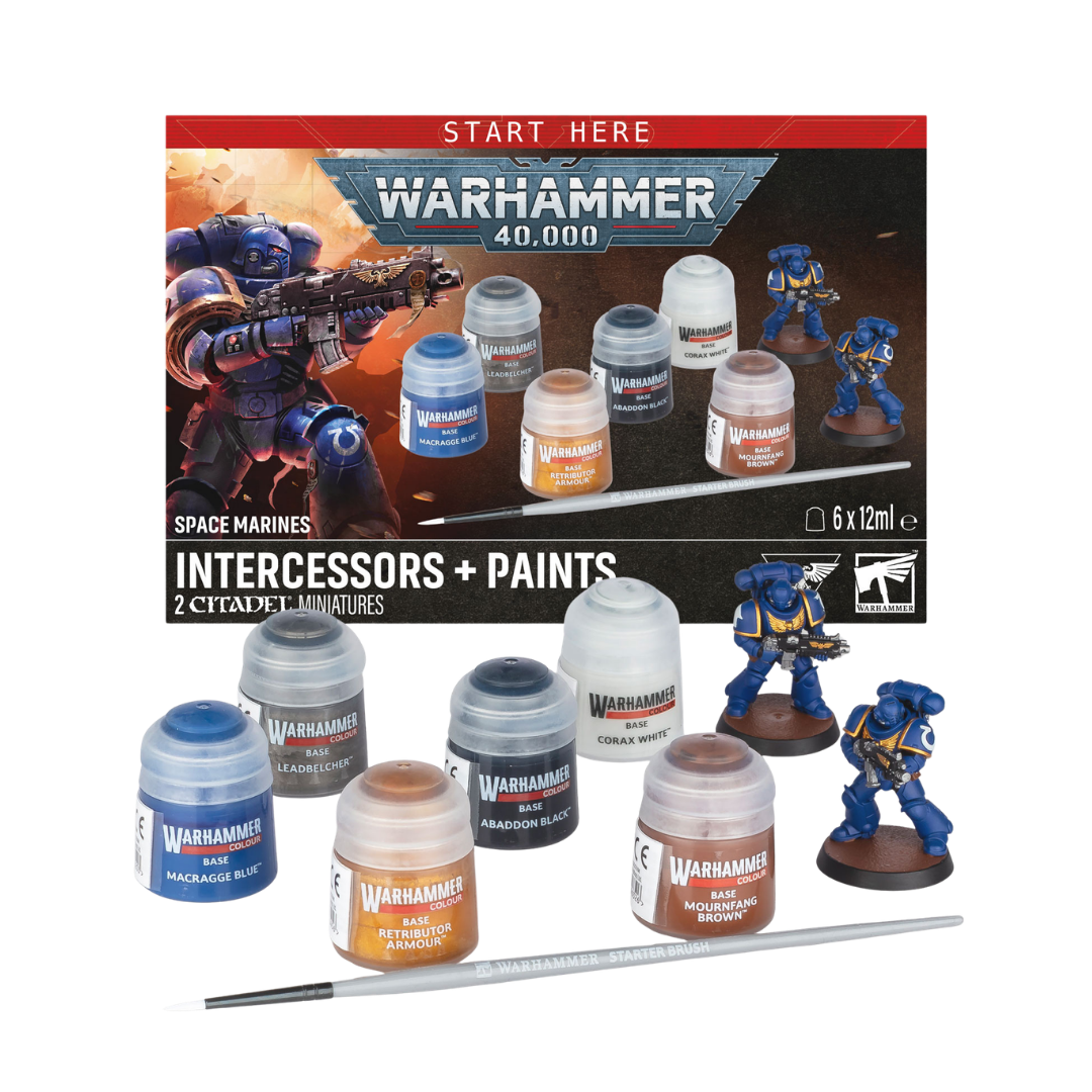 Warhammer 40,000 Space Marines Intercessors + Paints 2026 starter set with two miniatures, six Citadel paints and brush
