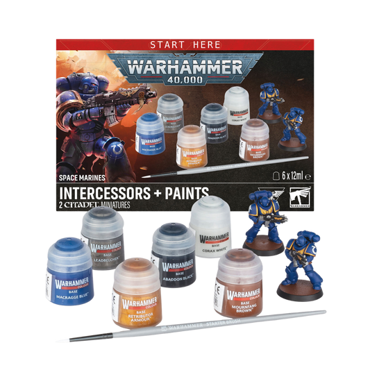 Warhammer 40,000 Space Marines Intercessors + Paints 2026 starter set with two miniatures, six Citadel paints and brush