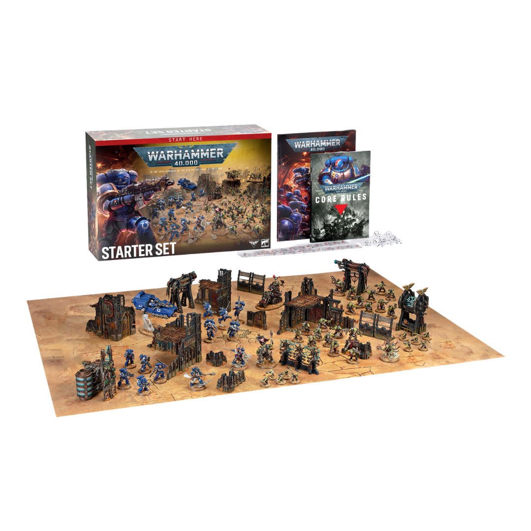 Warhammer 40K 11th Edition Starter Set with Space Marines, Orks, terrain, Core Rulebook, dice, and battlefield boards