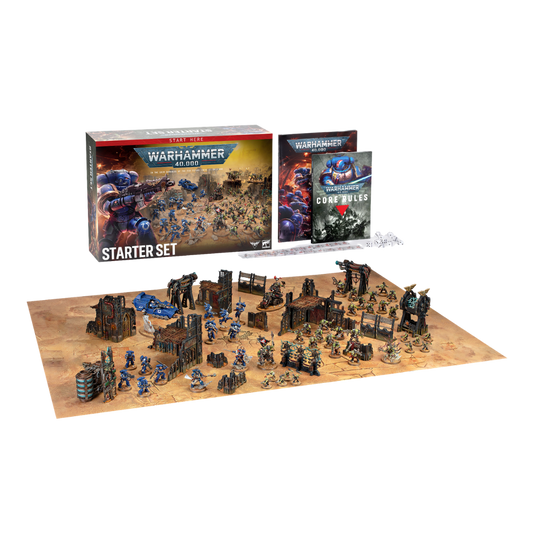 Warhammer 40K 11th Edition Starter Set with Space Marines, Orks, terrain, Core Rulebook, dice, and battlefield boards