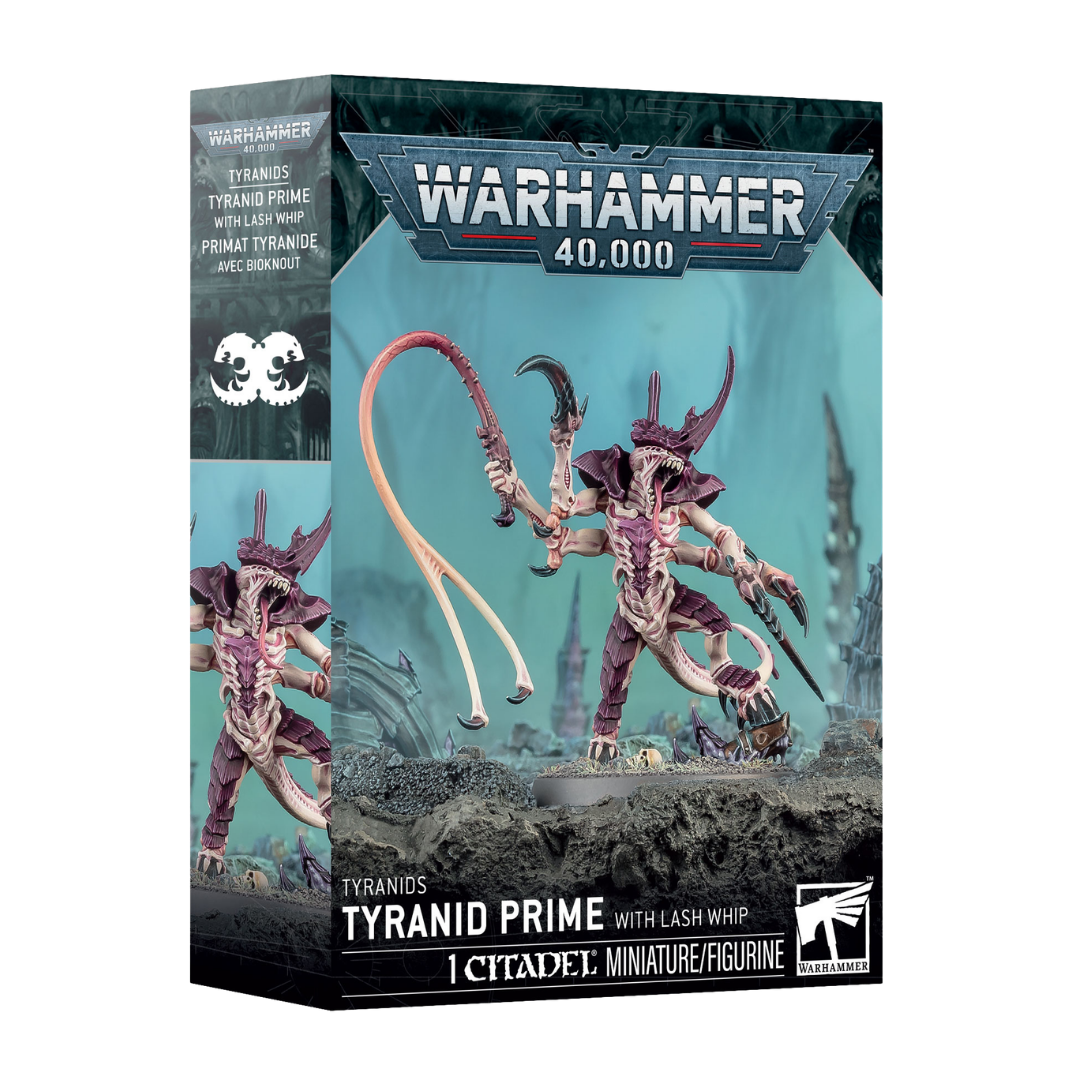 Warhammer 40k Tyranid Prime with Lash Whip Citadel miniature box featuring Tyranid synapse creature with bio weapon and claws
