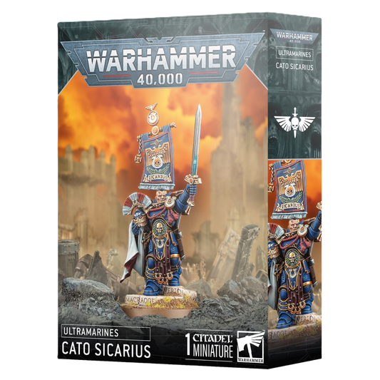 Warhammer 40,000 Ultramarines Cato Sicarius box art and painted miniature