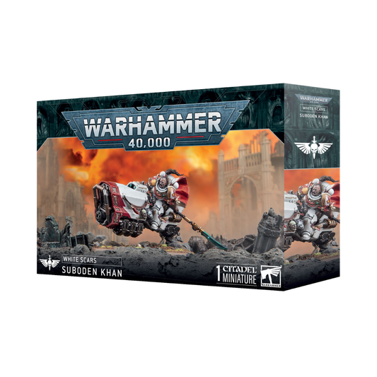 Warhammer 40k White Scars Suboden Khan miniature on grav bike Thunder