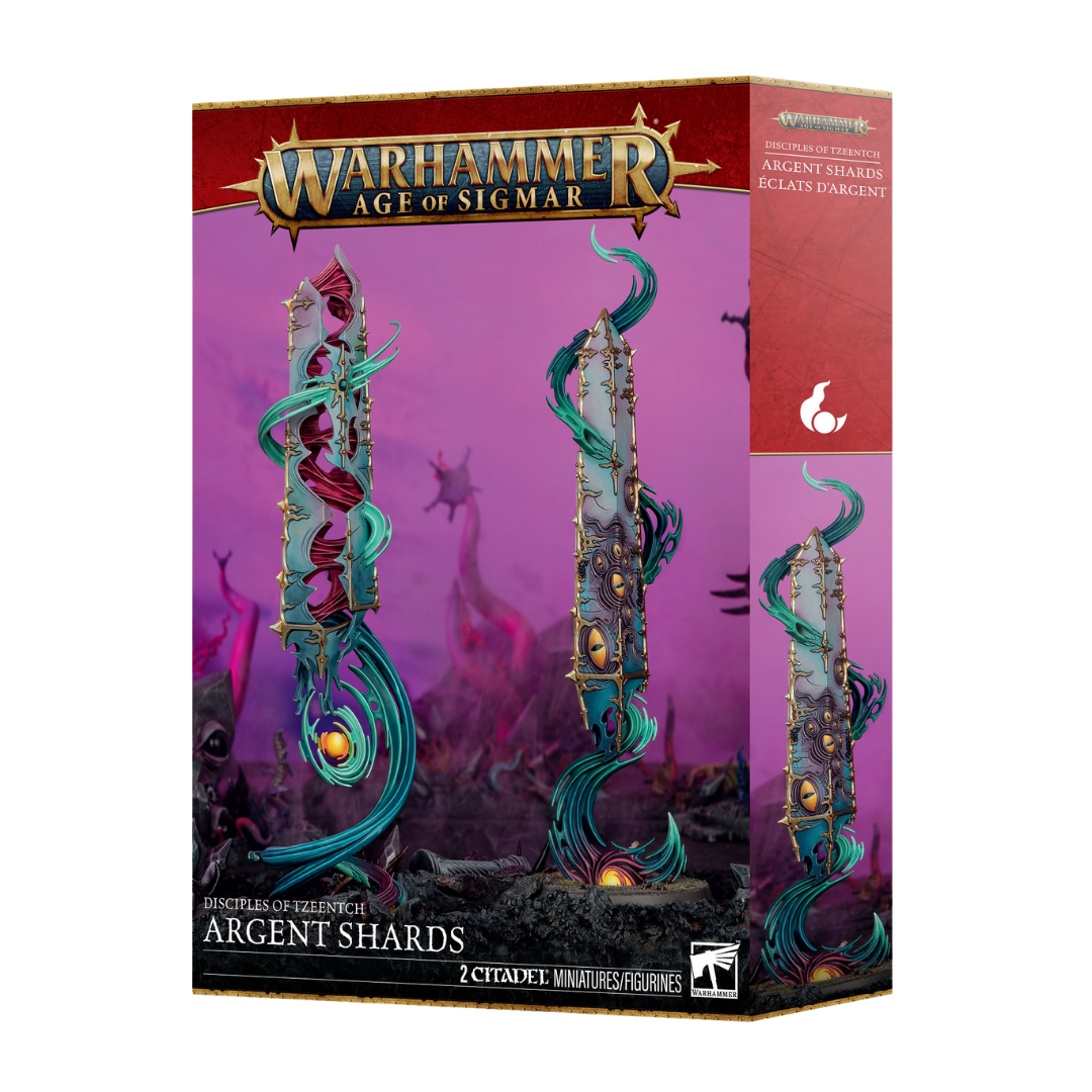 Warhammer Age of Sigmar Disciples of Tzeentch Argent Shards faction terrain box art showing two arcane crystal structures