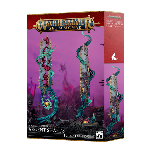 Warhammer Age of Sigmar Disciples of Tzeentch Argent Shards faction terrain box art showing two arcane crystal structures
