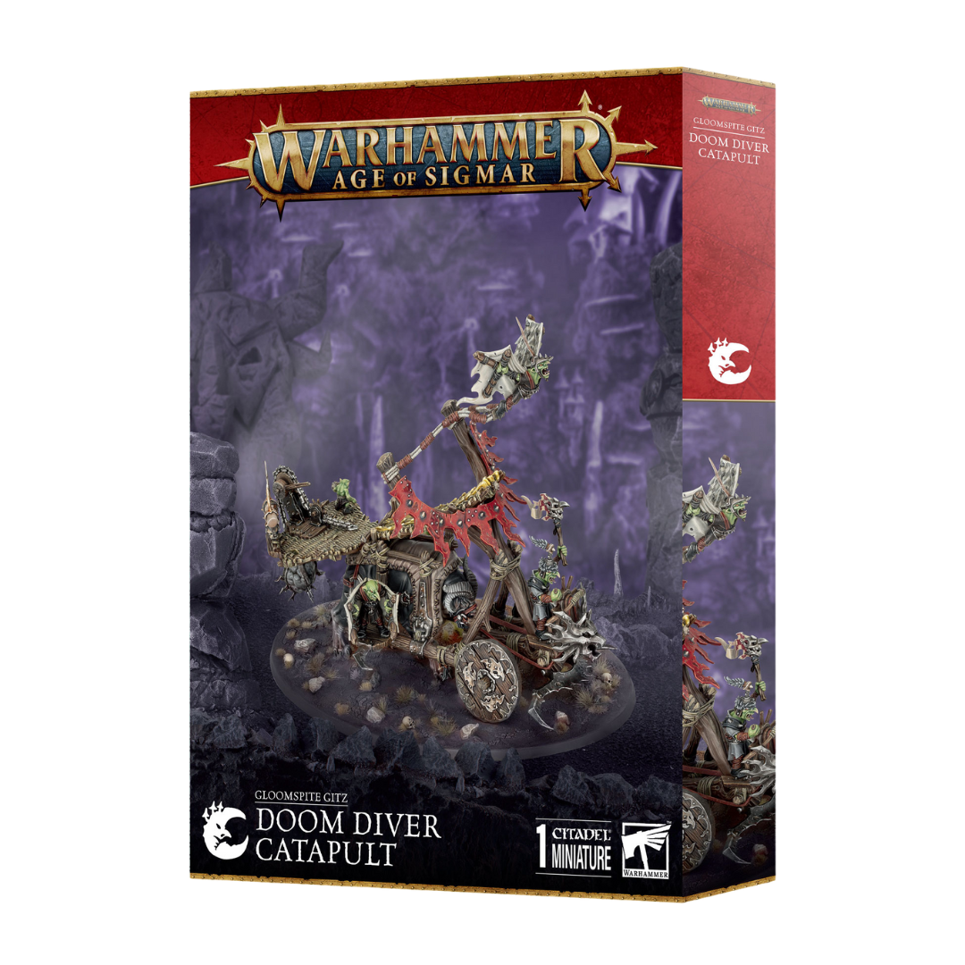 Warhammer Age of Sigmar Gloomspite Gitz Doom Diver Catapult model, launching goblin projectiles for chaotic battlefield destruction.