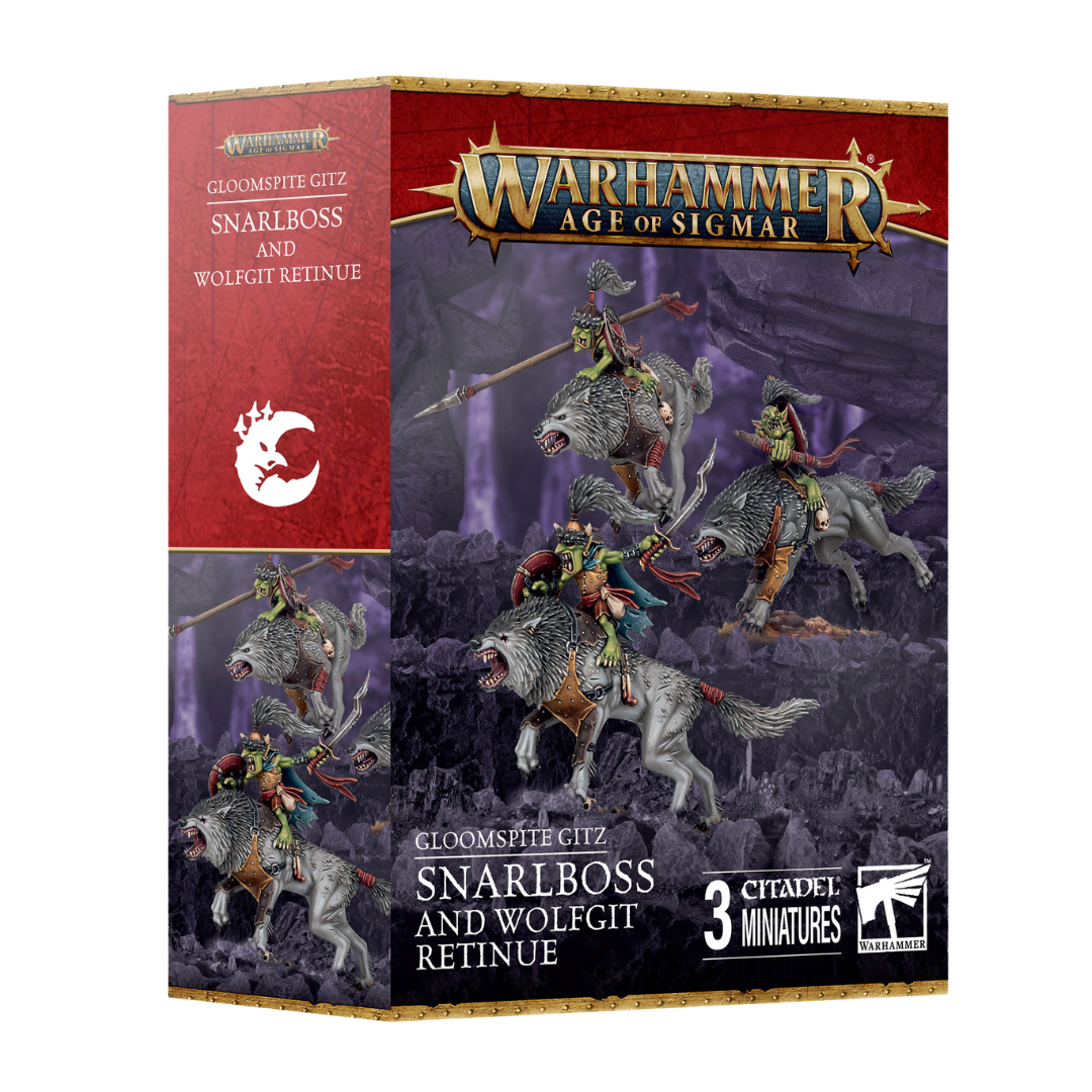 Warhammer Age of Sigmar Gloomspite Gitz Snarlboss and Wolfgit Retinue miniatures, featuring a fierce leader and loyal warriors.