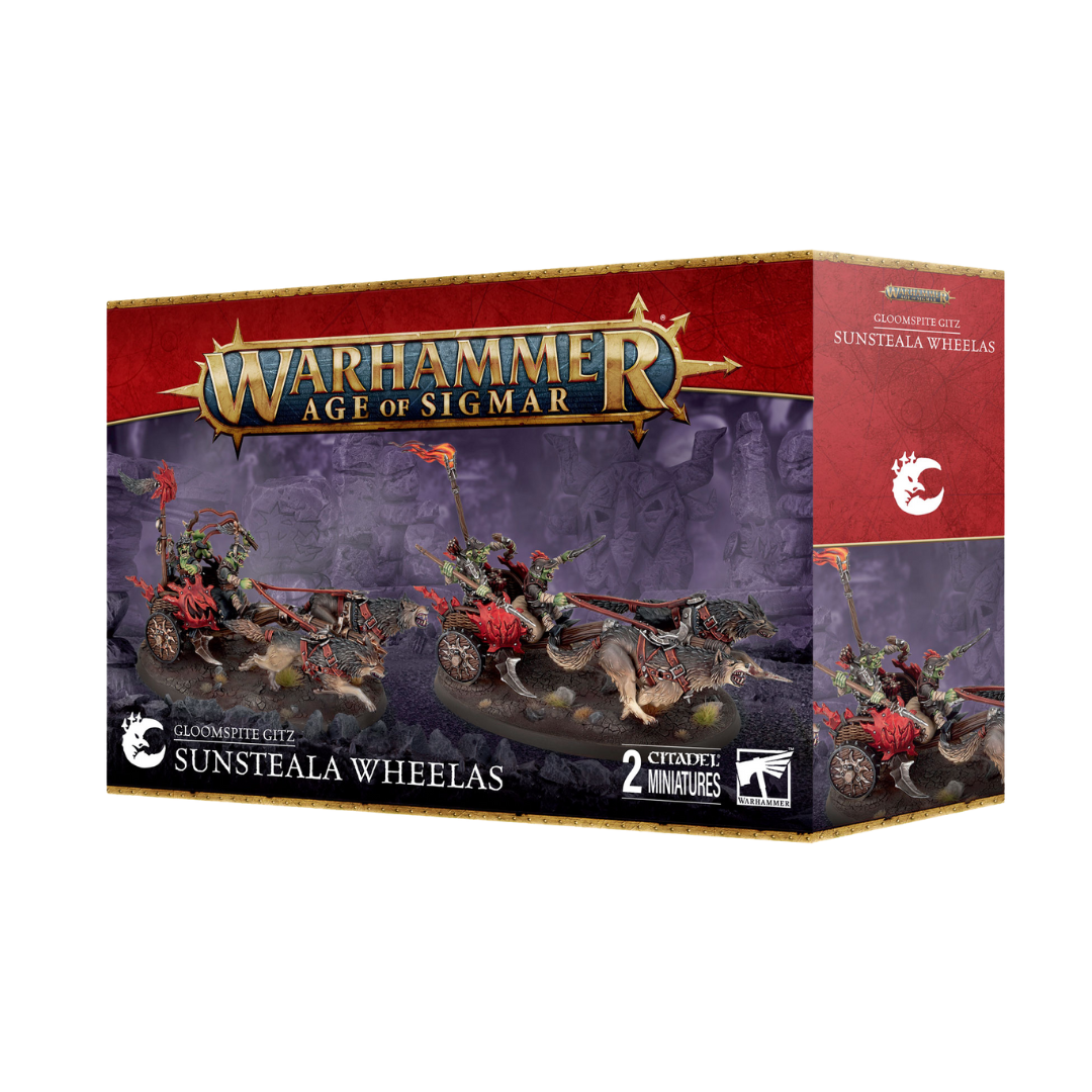 Warhammer Age of Sigmar Gloomspite Gitz Sunsteala Wheelas miniatures, featuring goblin riders on wild war machines.