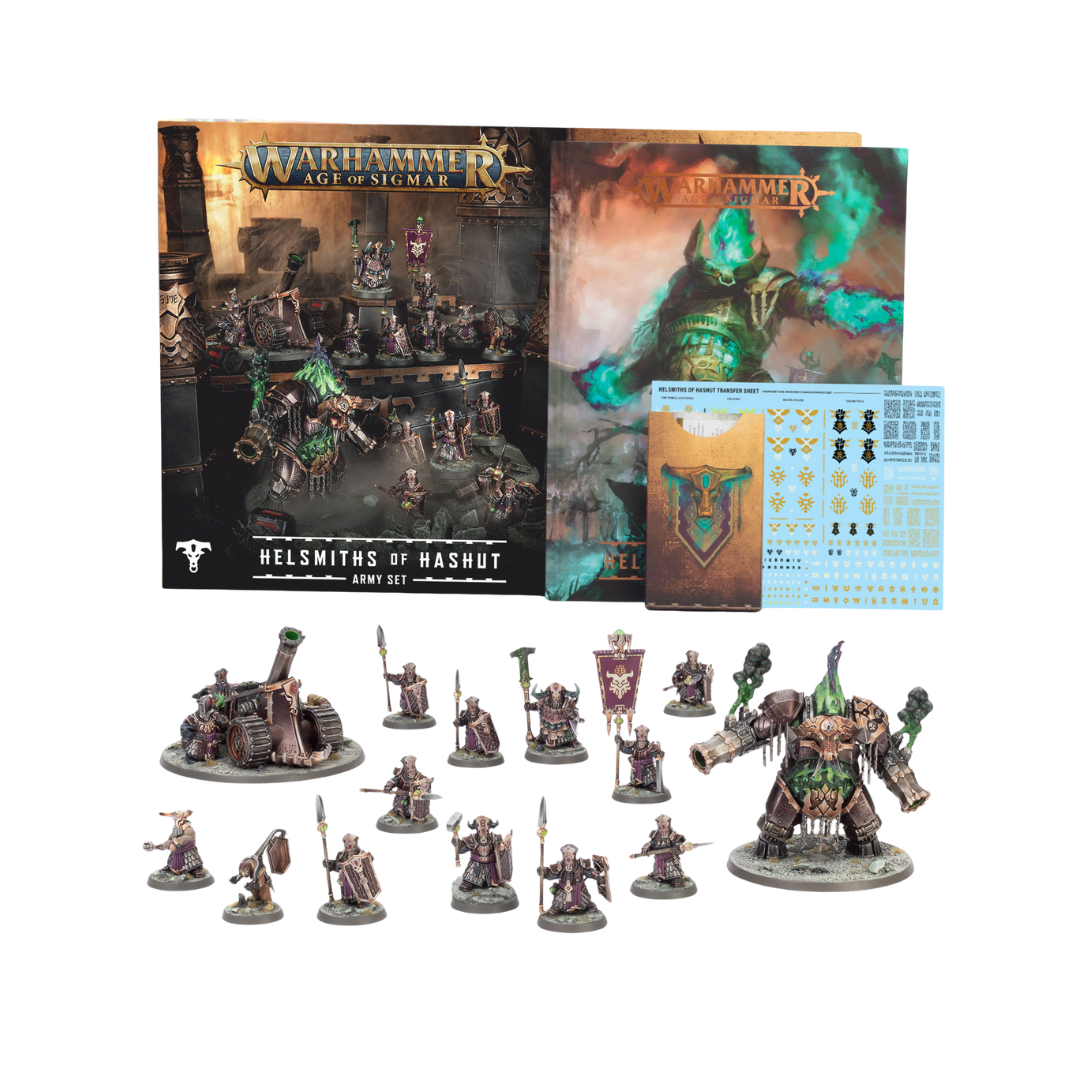 Warhammer Age of Sigmar Helsmiths of Hashut Army Set miniatures, battletome, warscroll cards, and transfer sheet