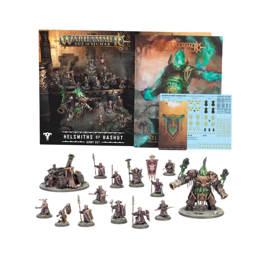 Warhammer Age of Sigmar Helsmiths of Hashut Army Set miniatures, battletome, warscroll cards, and transfer sheet