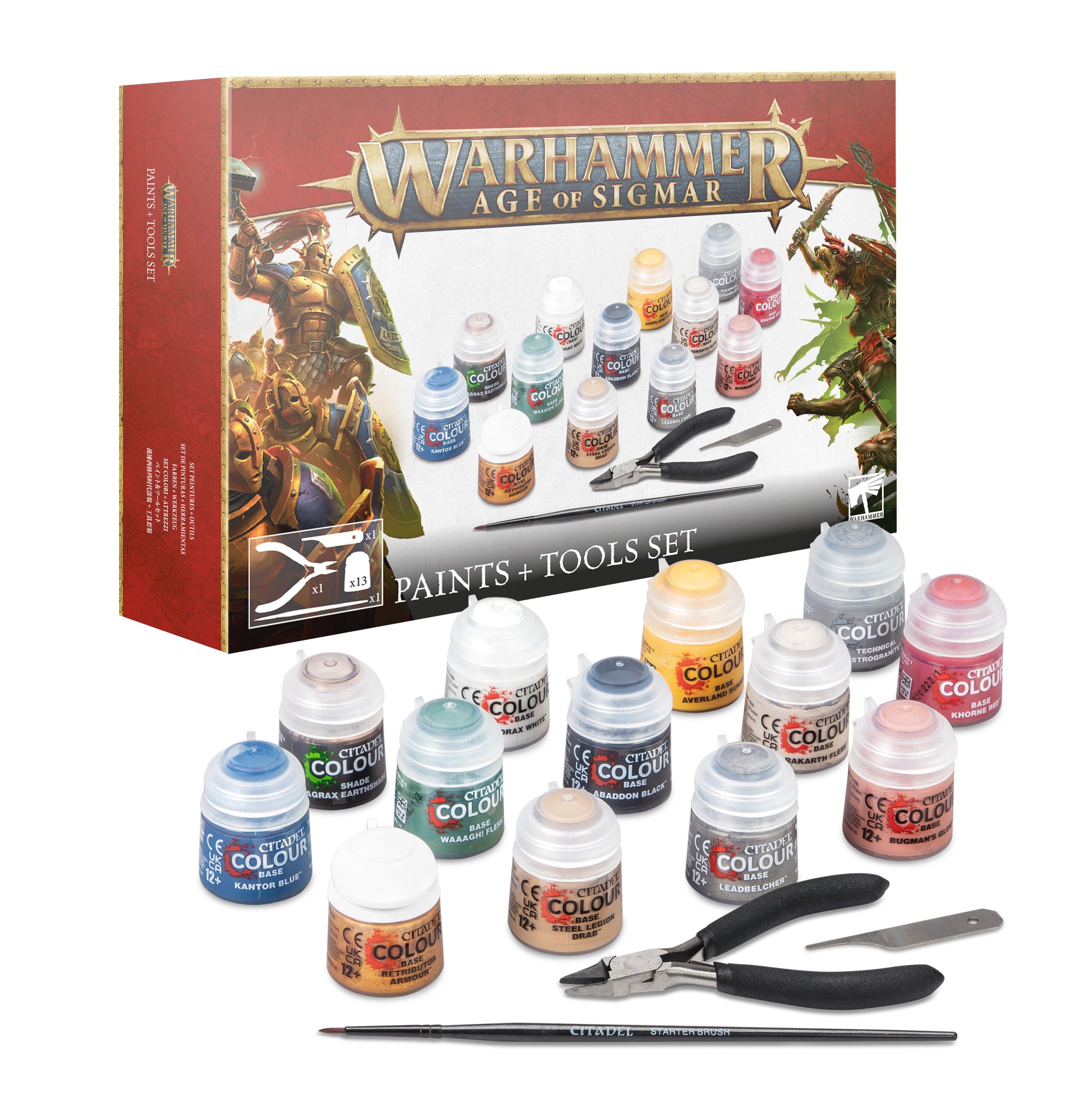 A set of Warhammer Age of Sigmar paints and tools, including various paint pots with different colors, a brush, and clippers, displayed next to the product's box.