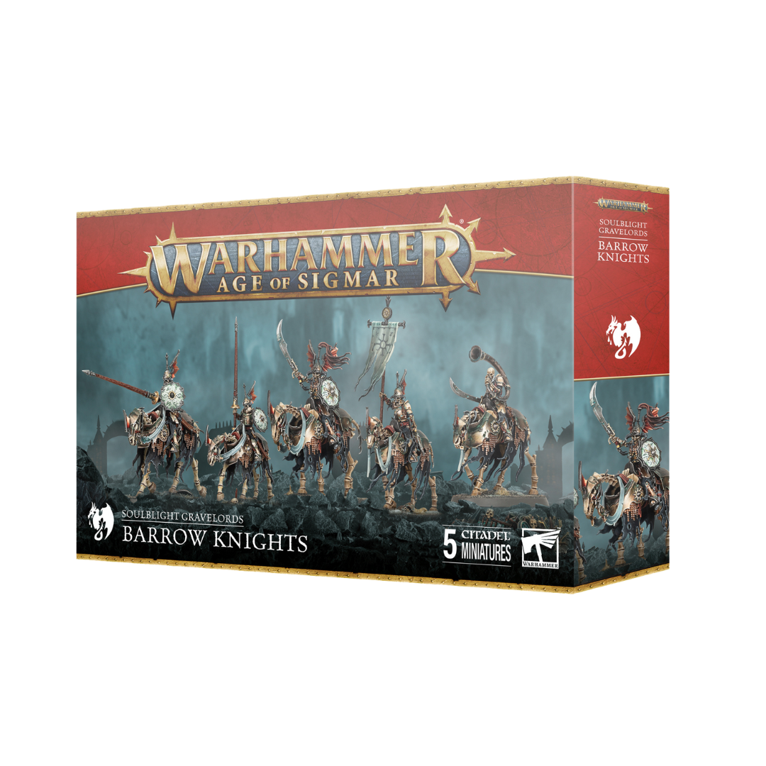 Warhammer Age of Sigmar Soulblight Gravelords Barrow Knights, skeletal undead cavalry unit with ancient lances and armored steeds for AoS vampire armies.