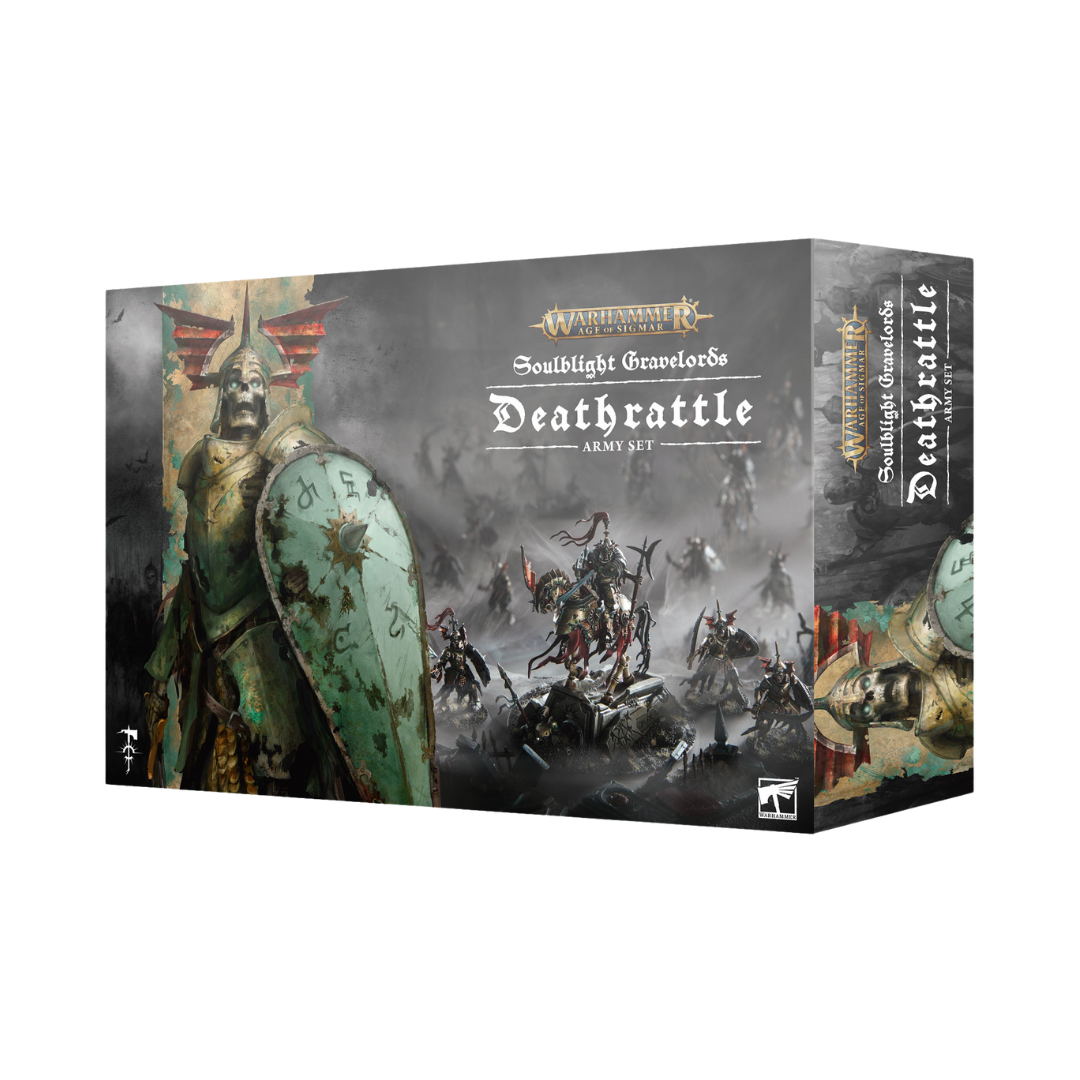 Warhammer Age of Sigmar Soulblight Gravelords Deathrattle Army Set featuring undead miniatures, exclusive battletome, and warscroll cards.