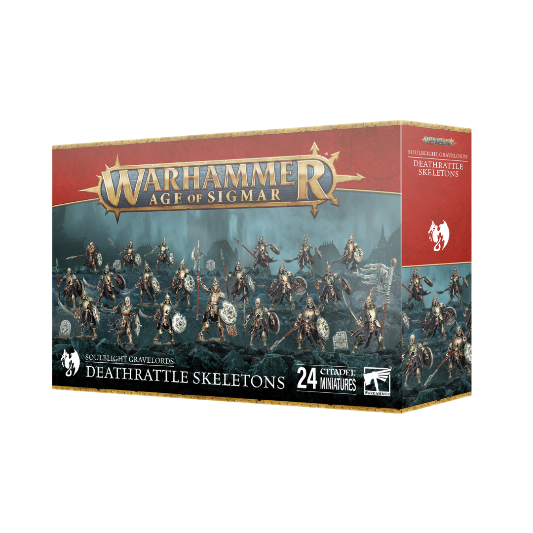 Warhammer Age of Sigmar Soulblight Gravelords Deathrattle Skeletons, 20-model kit of undead warriors with customizable weapons and shields for AoS armies.