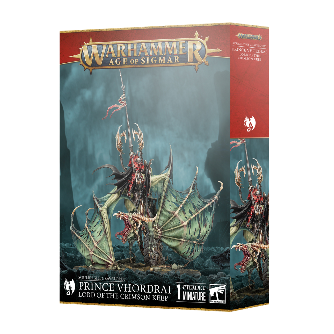Warhammer Age of Sigmar Soulblight Gravelords Prince Vhordrai on Zombie Dragon, detailed centerpiece model for undead armies in AoS with melee and magic power.