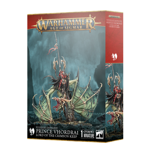 Warhammer Age of Sigmar Soulblight Gravelords Prince Vhordrai on Zombie Dragon, detailed centerpiece model for undead armies in AoS with melee and magic power.