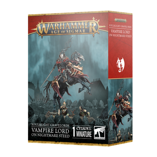 Warhammer Age of Sigmar Soulblight Gravelords Vampire Lord on Nightmare Steed, mounted undead hero model with command abilities for AoS armies.