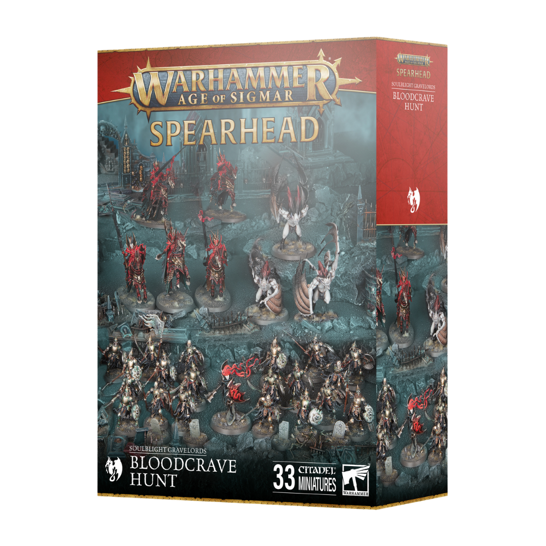 Warhammer Age of Sigmar Spearhead Soulblight Gravelords Bloodcrave Hunt, boxed undead warband set for fast-play skirmish games and army building in AoS.