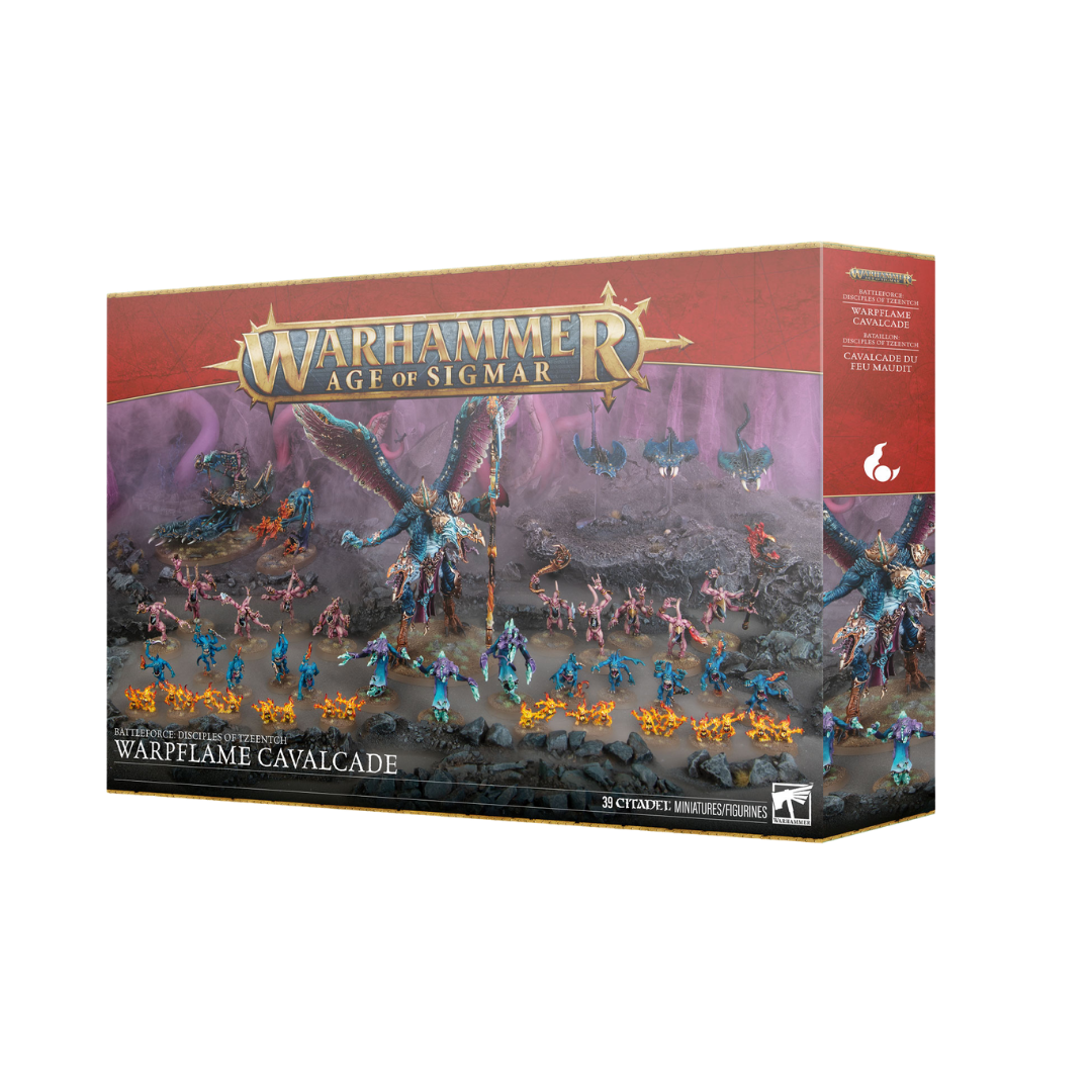 Warhammer Age of Sigmar Disciples of Tzeentch Warpflame Cavalcade Battleforce box art showing Kairos Fateweaver and daemonic units