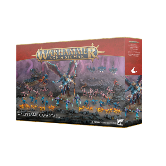 Warhammer Age of Sigmar Disciples of Tzeentch Warpflame Cavalcade Battleforce box art showing Kairos Fateweaver and daemonic units