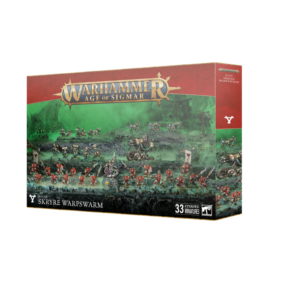 Box art of the Warhammer Age of Sigmar Skaven Skryre Warpswarm Battleforce featuring weapon teams and Stormvermin
